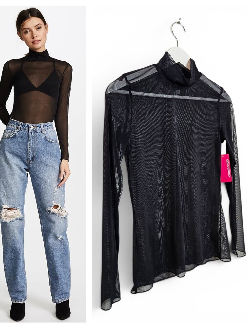 Commando Chic Mesh Turtleneck Top XS Sheer Clubwear Minimal Y2K Black Mesh